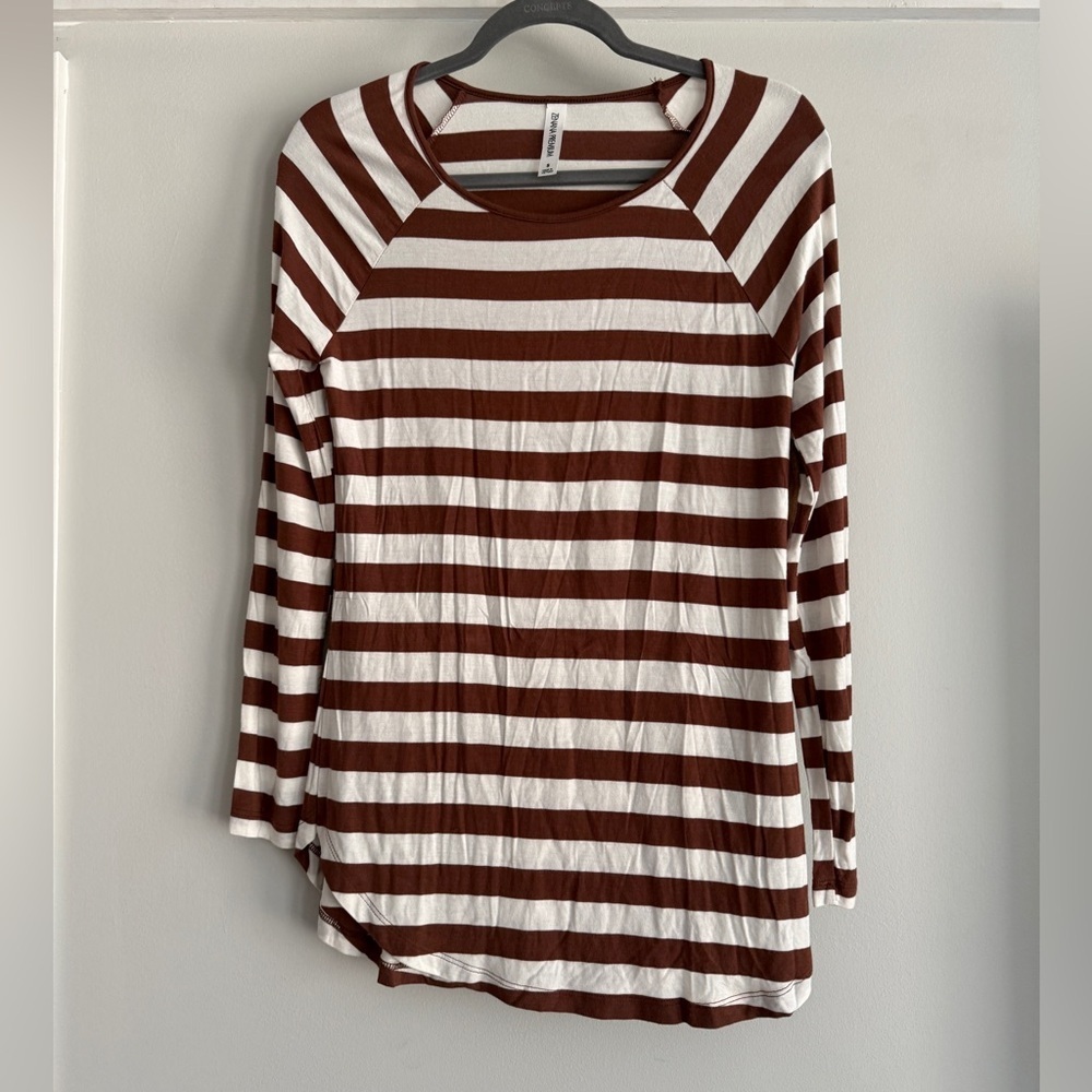 Zenana Premium Striped Elbow Patch Top - Picture 2 of 5